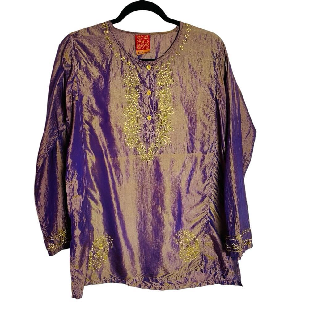 Anu Womens Iridescent Blouse Top Sz L Purple Silk Blend Embroidered Ethnic Tunic